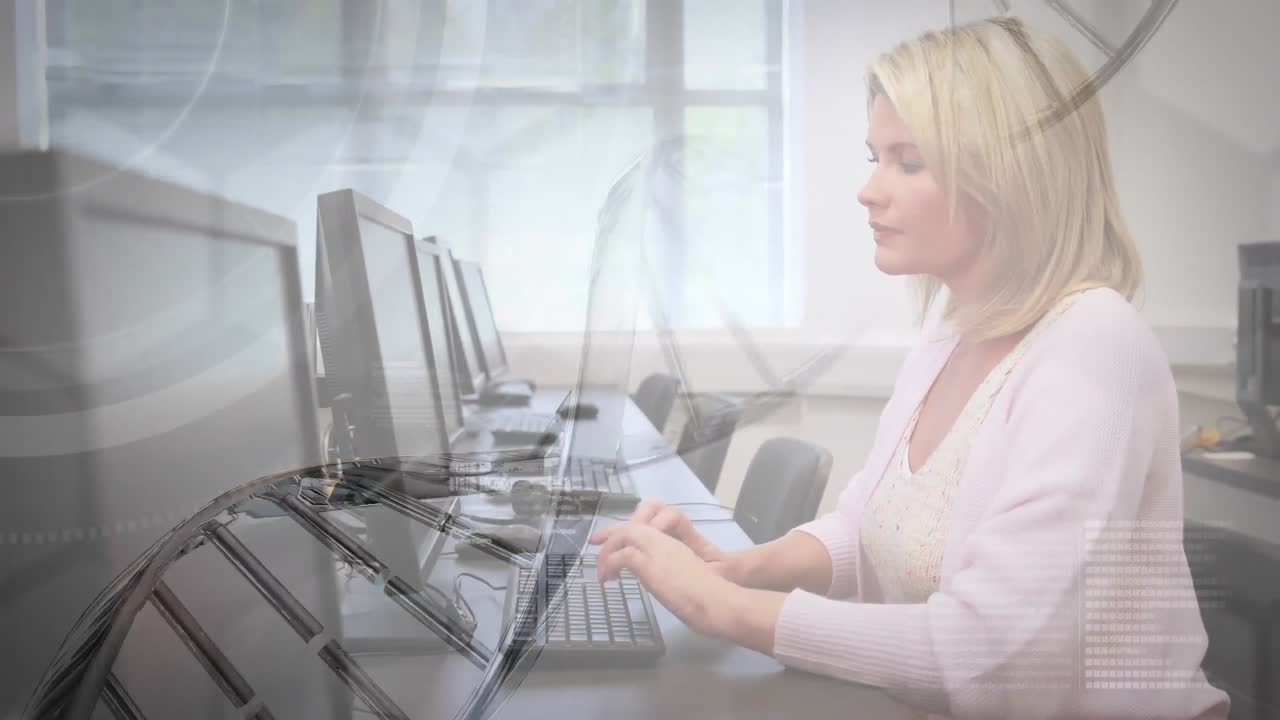 animación de cadena de adn y procesamiento de datos sobre estudiante caucásica estudiando.