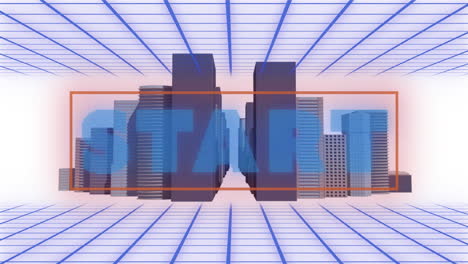 digital animation of start text over grid network against 3d city model on white background