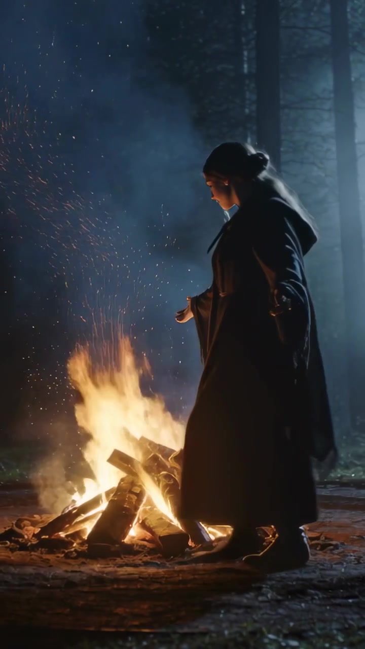 Vertikal video: Kvinde kommer ind fra højre, varmer kappe, cirkler om bål i skov om natten, med plads til tekst.