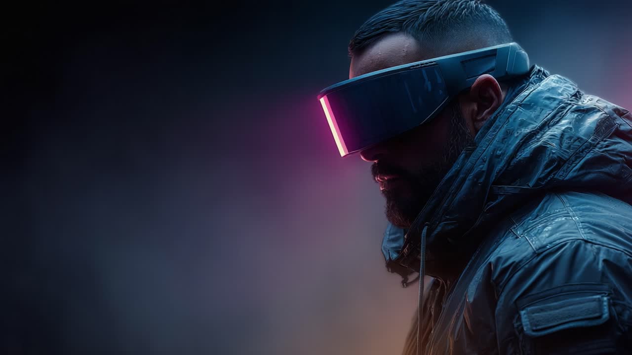 Futuristic Individual Wearing High-Tech VR Headset with Dynamic Lighting in a Foggy Atmosphere, Capturing the Essence of Virtual Reality and Modern Technology