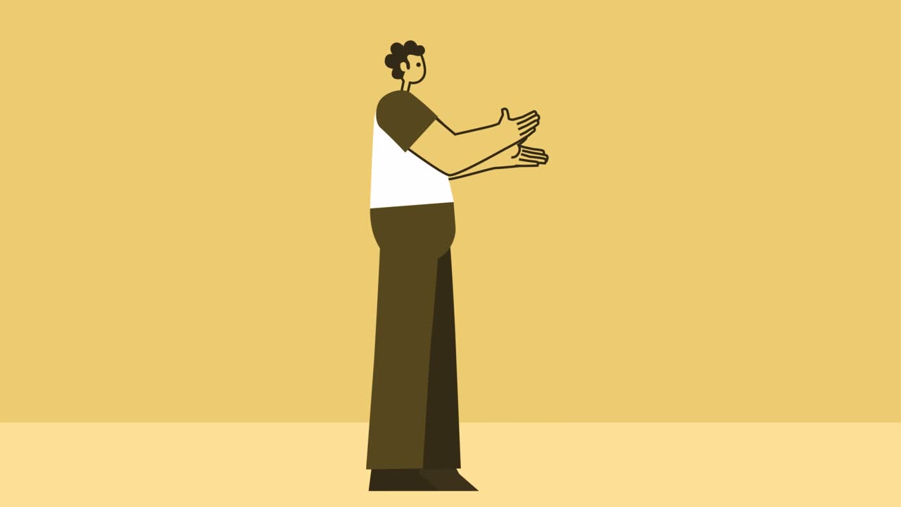 노란색 스타일의 남자 평평한 캐릭터 박수를 치는 제스처. 알파 채널과 함께 고립된 루프 애니메이션