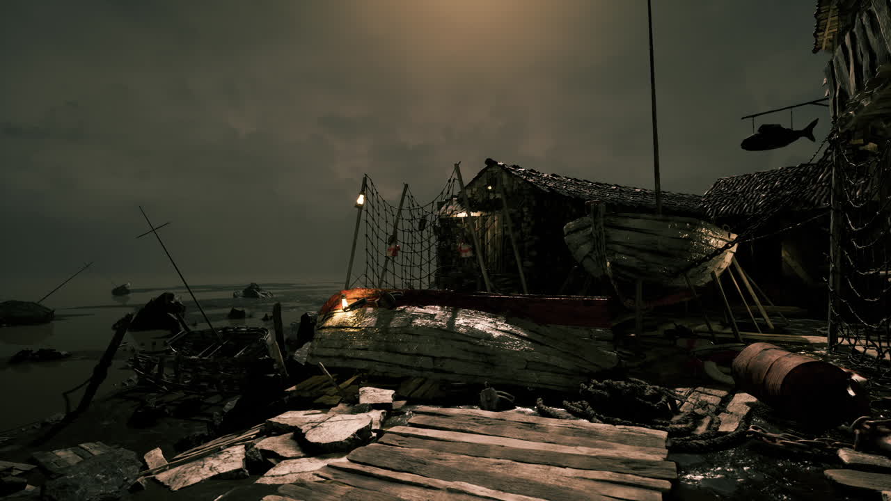 pueblo de pescadores al anochecer con barcos desgastados y cielos caprichosos cerca de la costa