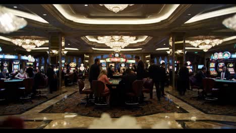 an energetic evening in a lavish casino featuring glamorous patrons engaging in table games and enjoying the vibrant atmosphere of a stunning gaming house