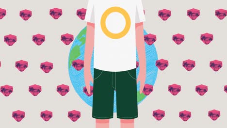 animation of boy with face mask and face masks icons with globe