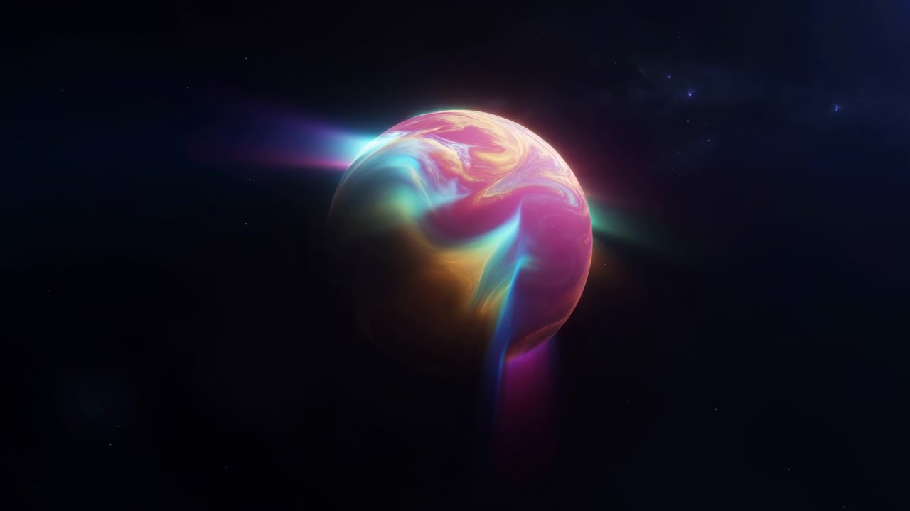 Single spherical planet-like orb sits slightly right of center, showing smooth marbled surface with flowing aurora ribbons, luminous haze, vivid multicolor gradients, dark space backdrop and elegant