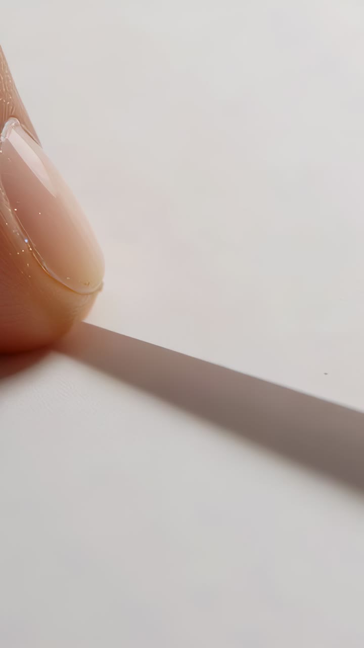 Video verticale: primo piano di un dito che scivola lungo il bordo di un foglio di carta su un tavolo, unghia lucida, spazio per il testo