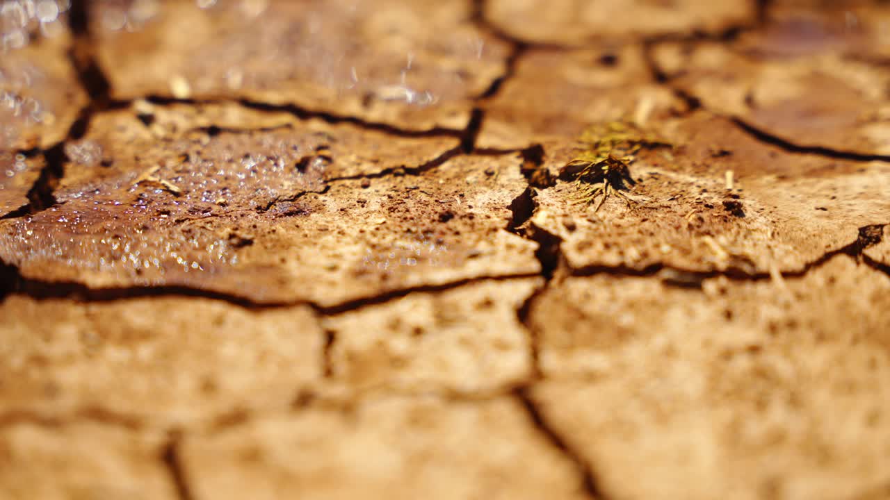 Dried cracked earth with water droplets falling onto it, symbolizing drought relief