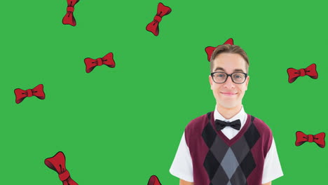 animación de un hombre caucásico feliz sobre un fondo verde con pajaritas cayendo