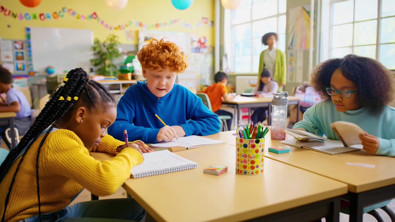 Diverse Children Studying and Learning in a Bright Classroom