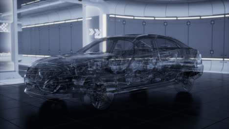 coche transparente con motor en el laboratorio