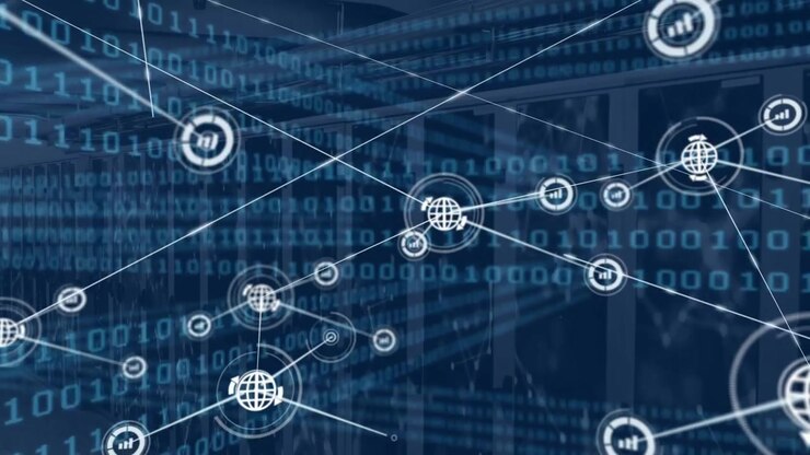 Animation of network of connections, binary coding over computer servers