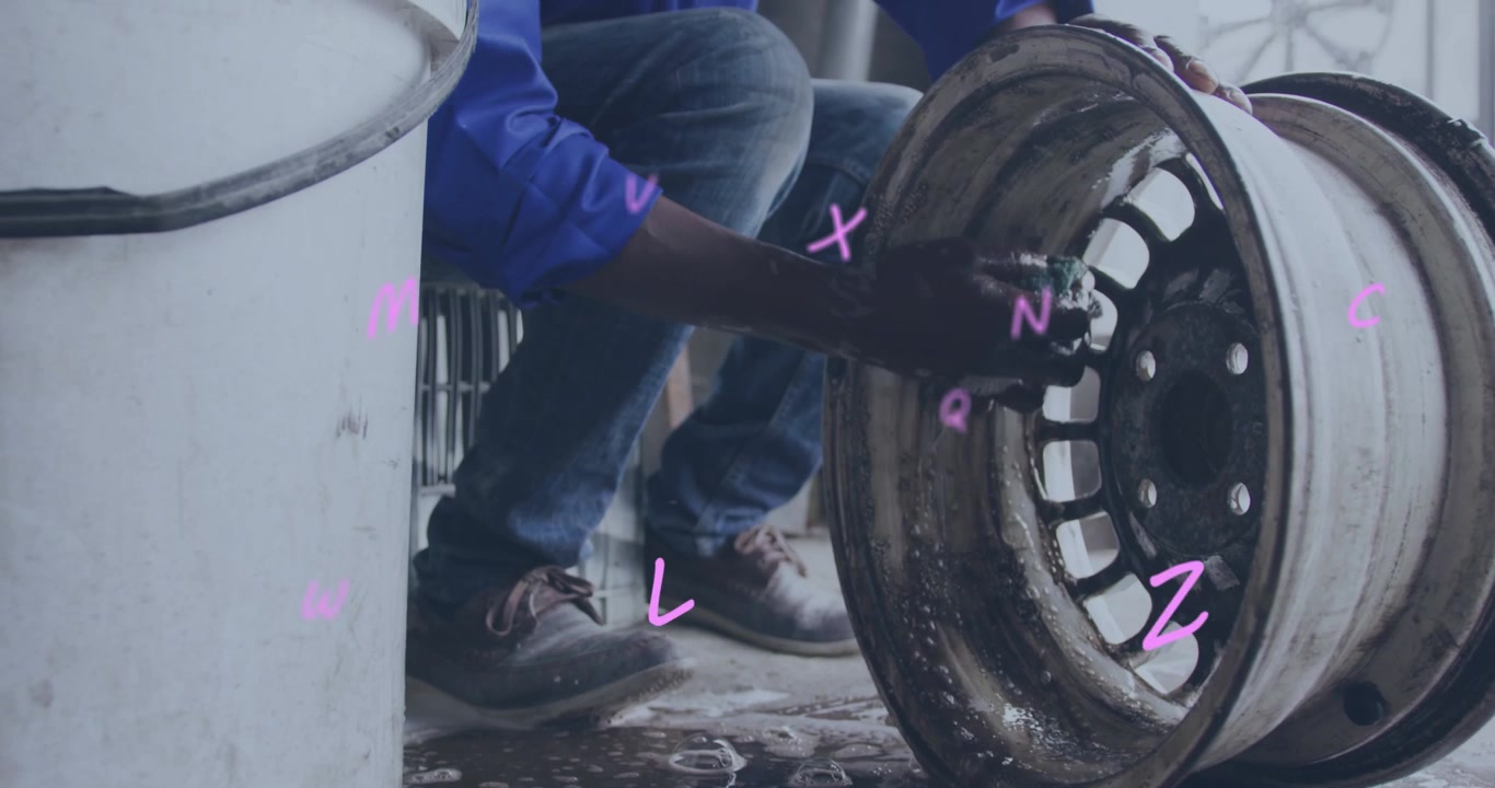 Mechanic crouching, reaching rim, cleaning and inspecting rust while pink letters floating overlay