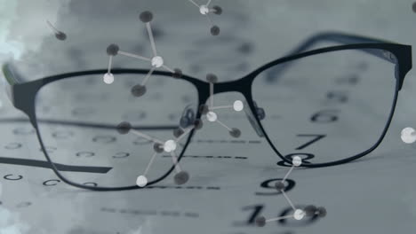 estructura molecular animada sobre gafas y gráfico ocular en el fondo