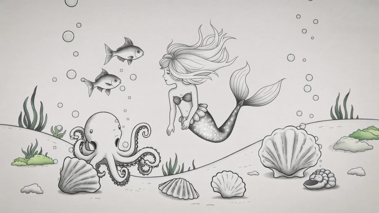 Spotting octopus, female mermaid drifting closer on shallow seabed, exploring shells, fish, bubbles