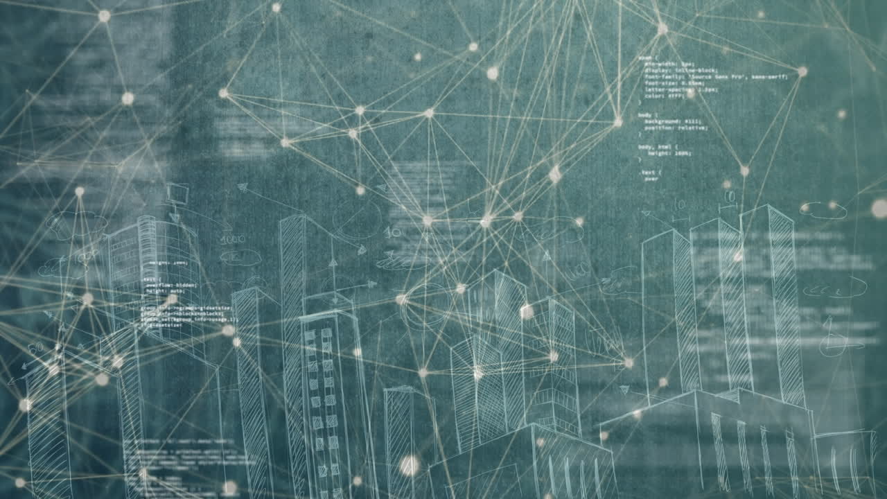 animación generada digitalmente de una ciudad doodle de dibujo con conexión de enlaces