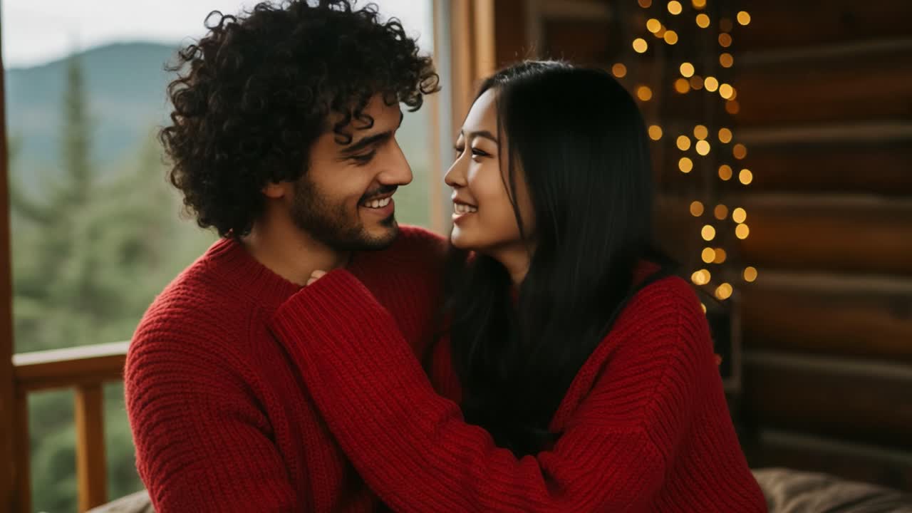 A happy couple in red sweaters embracing in a cozy setting with festive lights