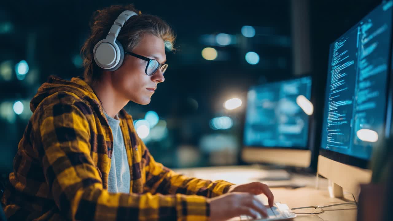 A focused young man programming at night with headphones on, surrounded by glowing computer screens displaying lines of code, demonstrating modern tech lifestyle and concentration