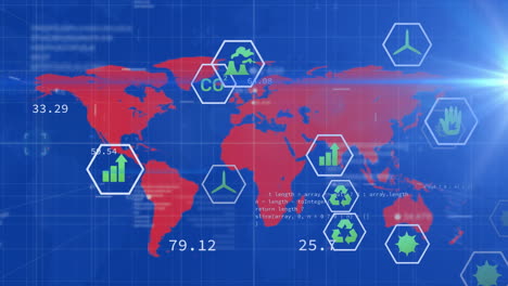 animación de iconos de ecología sobre procesamiento de datos y mapa del mundo en fondo azul
