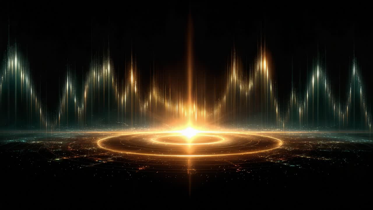 Golden and teal audio waveform equalizer display animating on a dark background with a central bright light source, representing music visualization, digital sound, or futuristic technology