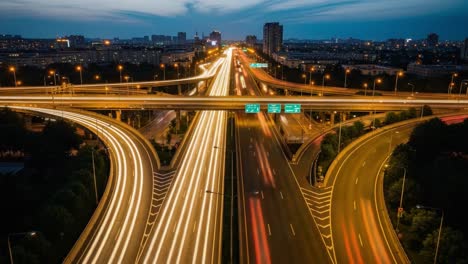 busy city highway interchange at night with streaking car lights
