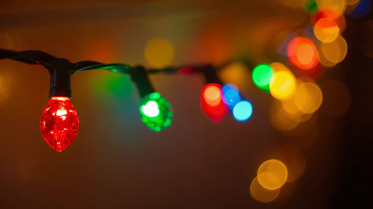 Lente de foco revelando lâmpadas facetadas que se movem em fio verde na parede do quarto, criando um bokeh quente