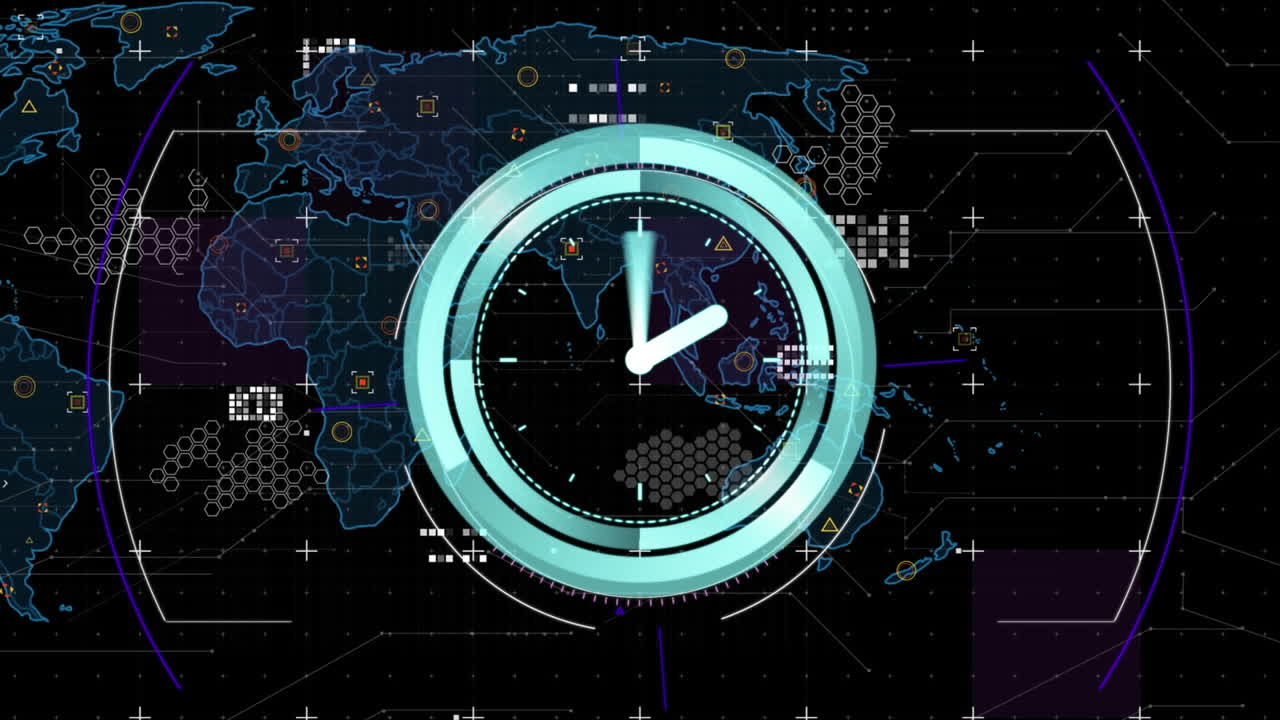 Animation of scope scanning over neon ticking clockand world map against black background
