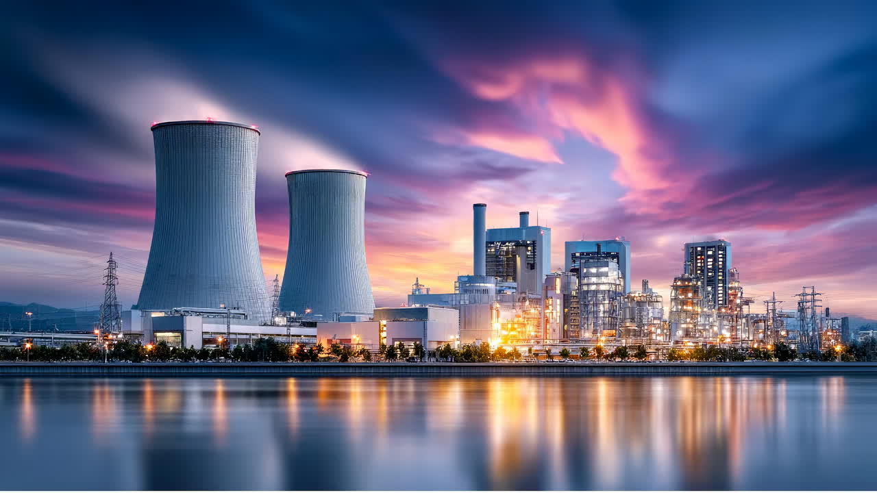 夕暮れ時の発電所。穏やかな水面に映る鮮やかな夕焼け、冷却塔と工業施設の構造物が見えます。