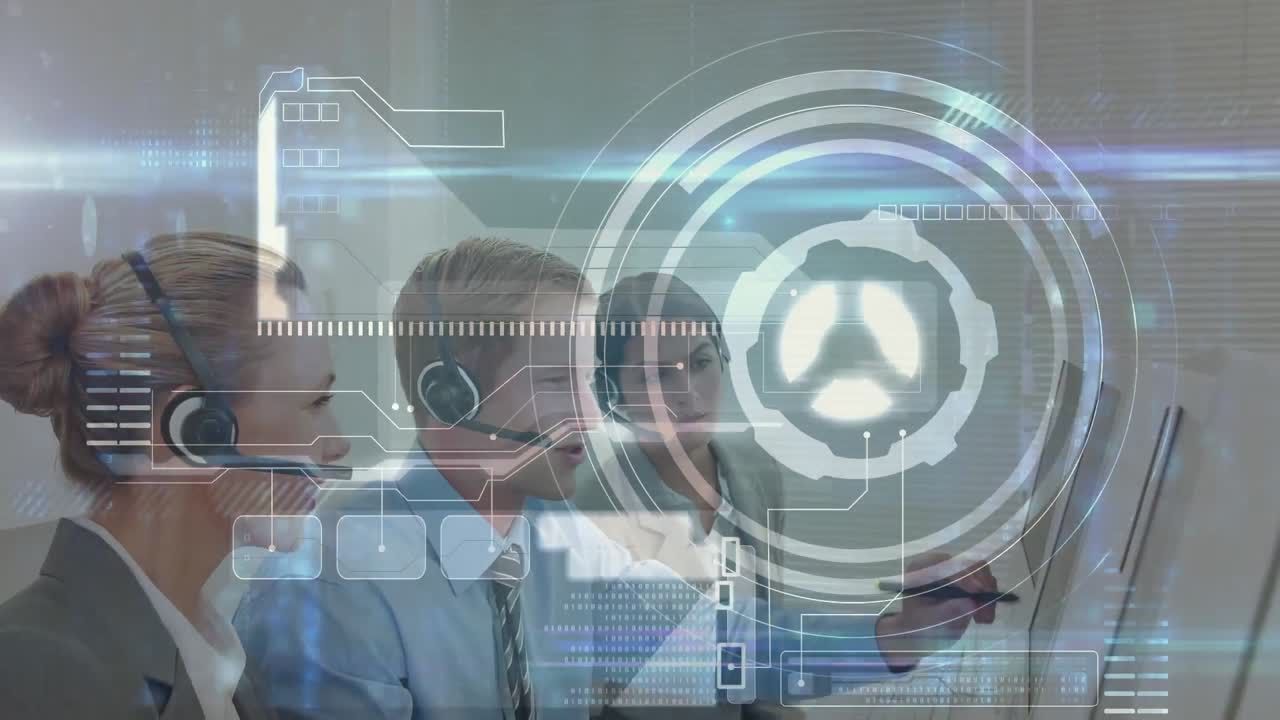 animación del procesamiento de datos financieros sobre personas de negocios que trabajan en la oficina