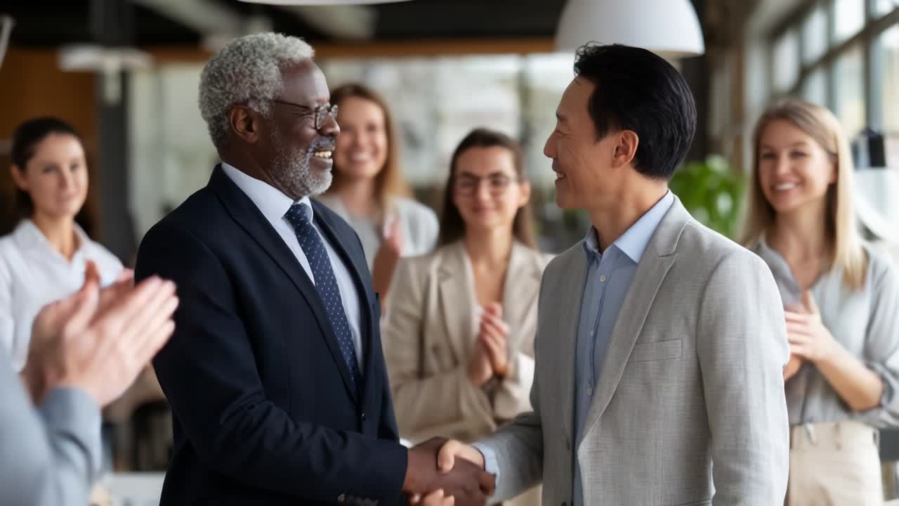 Two business professionals engage in a celebratory handshake, surrounded by a supportive group of colleagues, symbolizing partnership, success, and teamwork in a dynamic corporate environment