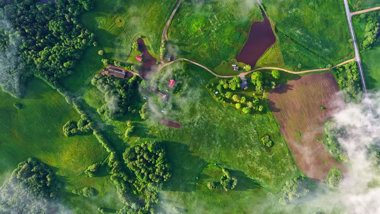 Green countryside with farmsteads of Latvia and clouds, aerial top down