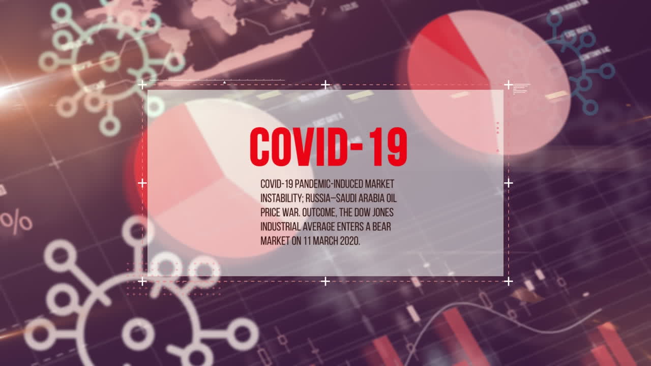 Covid-19 text banner and covid-19 cells icons floating against statistical data processing