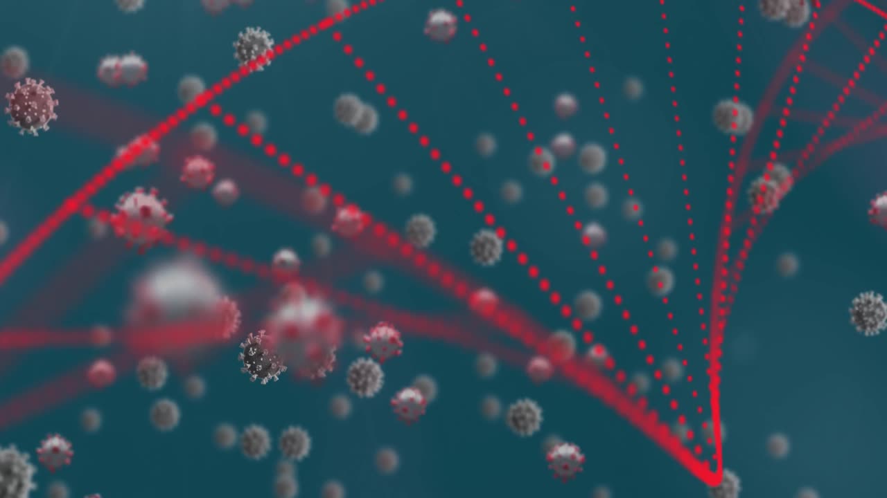 estructura del adn contra las células de covid-19 en fondo azul