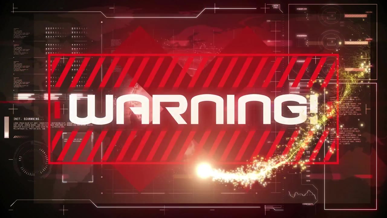 Animation of warning text and light spots over globe with data processing