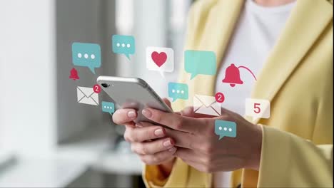 woman receiving social media notifications on her smartphone in a yellow jacket