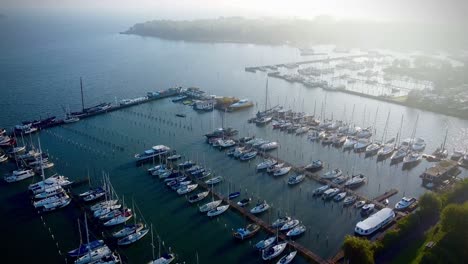 drone shot of a marina with sunshine
