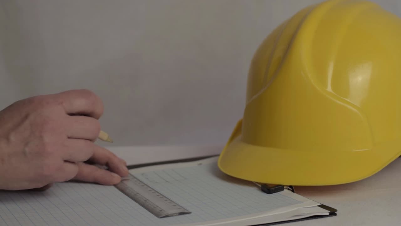 Worker removes hard safety hat and writes up notes on clip board medium shot