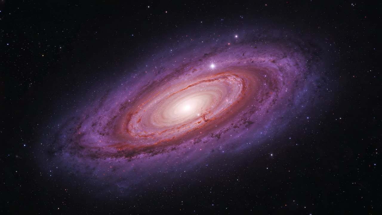 Playback starting barred spiral galaxy spinning slowly in deep space, revealing core and dust lanes