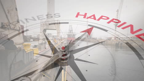 compass pointing towards happiness animation over industrial harbor scene