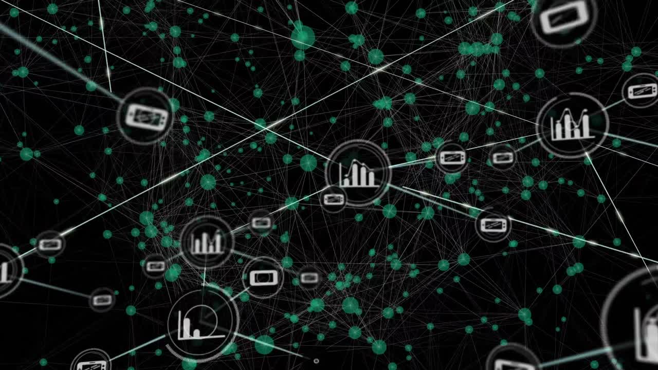 Animation of network of connections with icons over black background