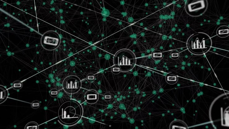 Animation of network of connections with icons over black background