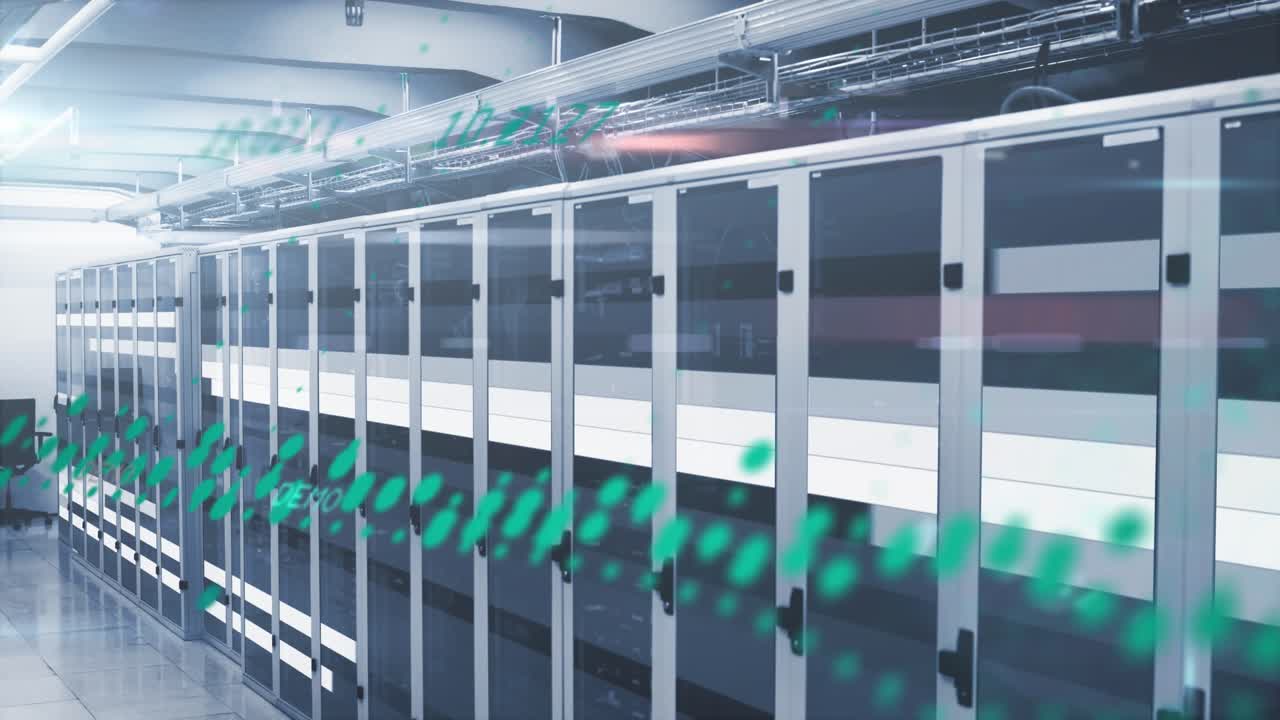Animation of data processing against light trails over computer server room