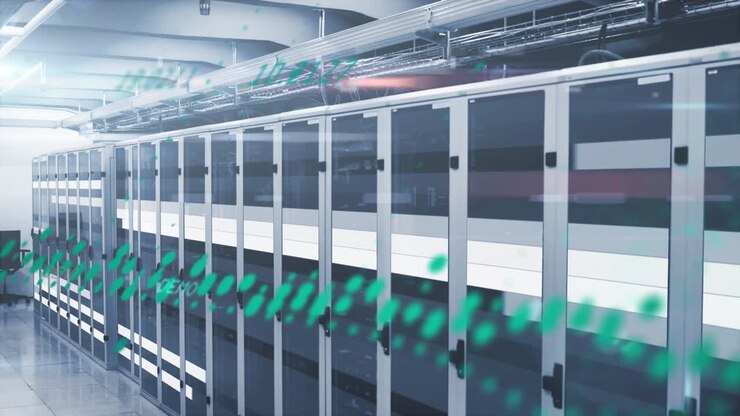 Animation of data processing against light trails over computer server room