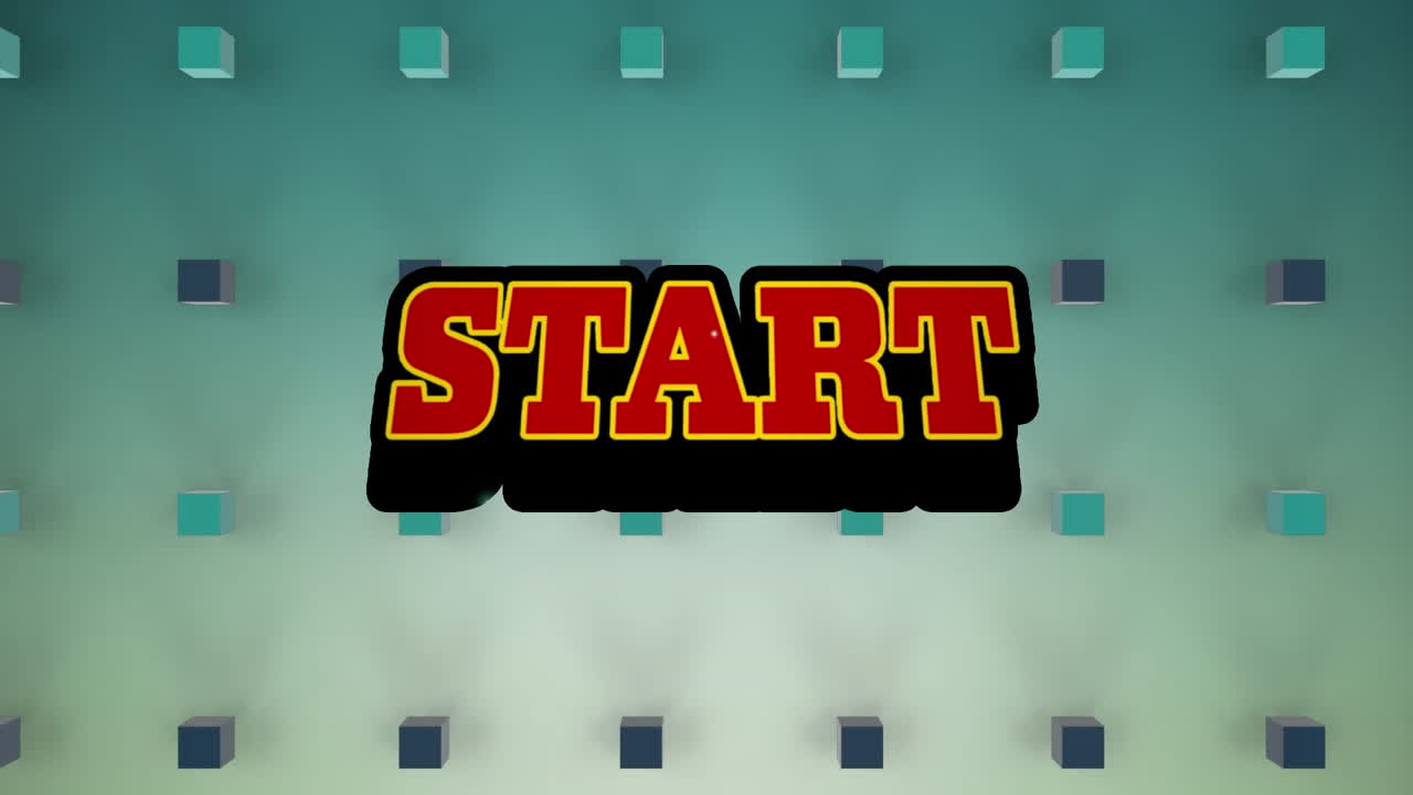 animación del texto de inicio sobre una burbuja de habla retro contra formas cuadradas 3d en fondo azul