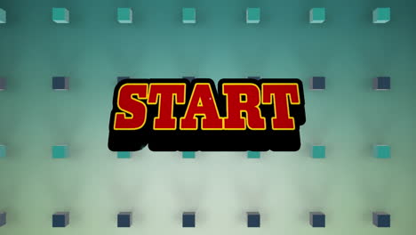 animación del texto de inicio sobre una burbuja de habla retro contra formas cuadradas 3d en fondo azul
