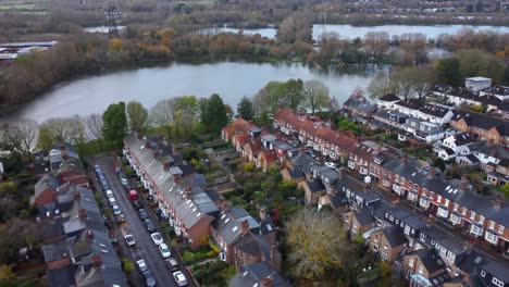 drone flying over housing estate in english countryside of oxfordshire