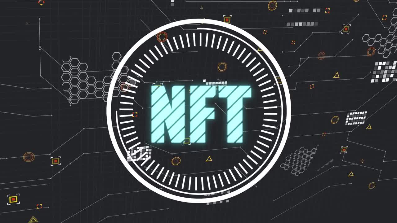 Animation of nft text over data processing on black background