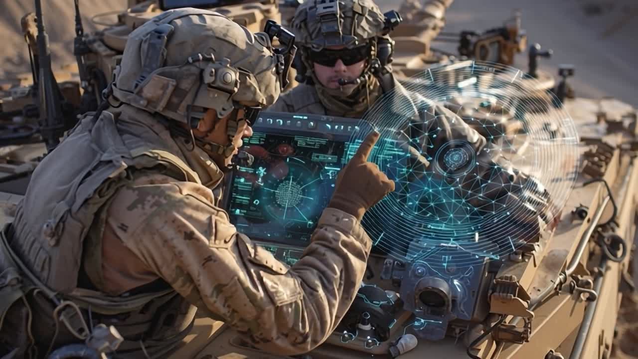 Military personnel manage advanced technology in desert operations