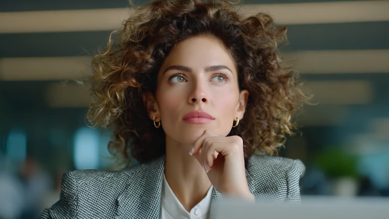 A Thoughtful Professional Woman in an Office Setting, Reflecting on Ideas and Strategies with Curly Hair and a Pensive Expression