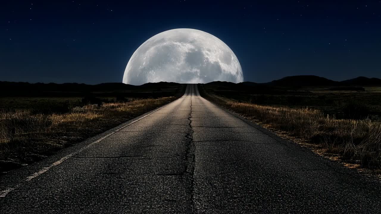 Munculnya bulan purnama yang melewati punggungan saat malam tiba di jalan pedesaan dengan sambungan yang retak, tepi jalan, bintang-bintang