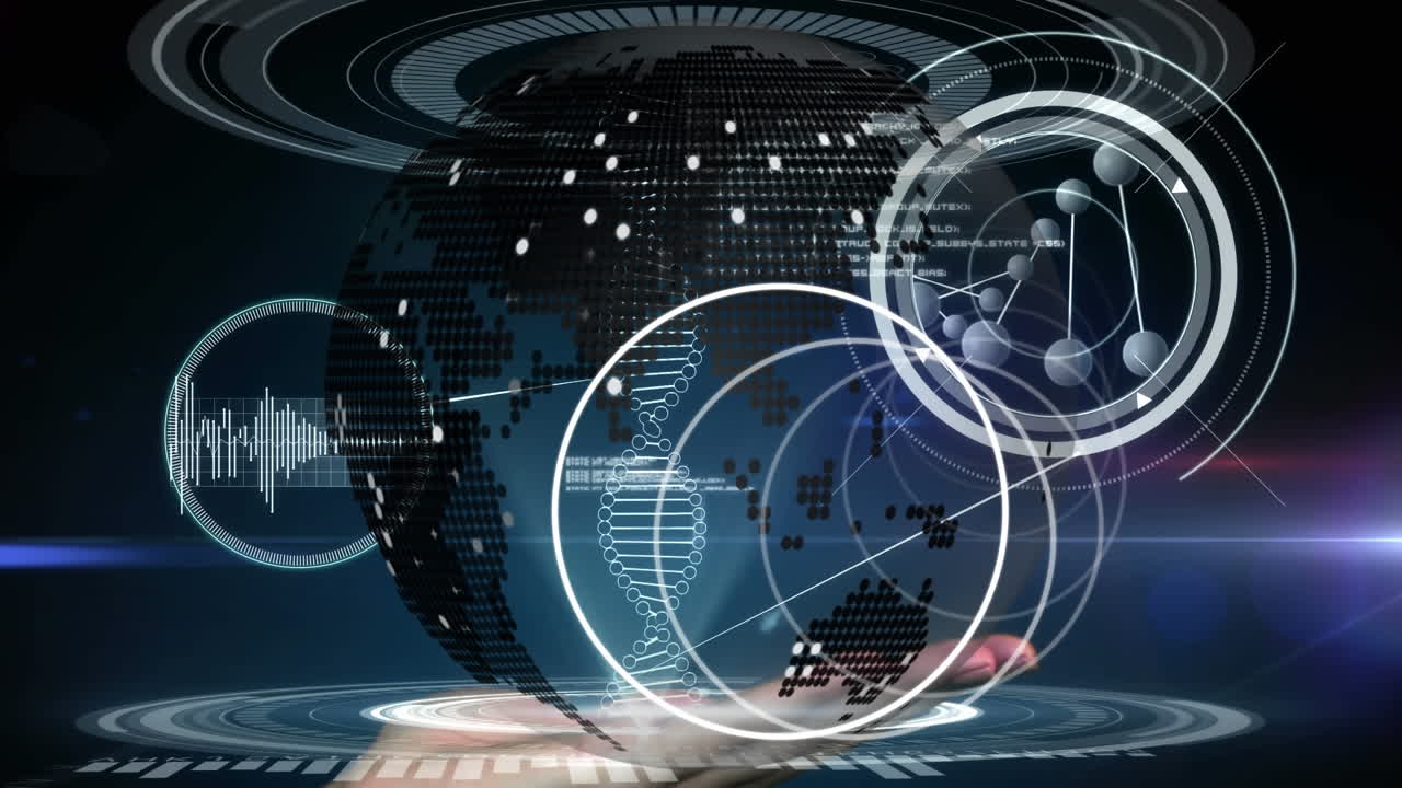 전 세계에 걸쳐 dna 가닥 스핀과 의료 데이터 처리의 애니메이션